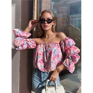 Printed Off-Shoulder Flounce Sleeve Blouse